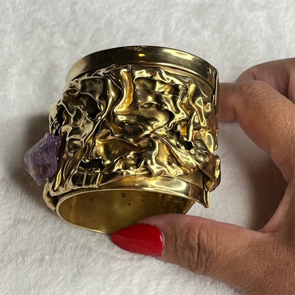 1960s Artisanal Brutalist Brass 3d Layered Cuff Bracelet Raw Amethyst  Dutras - Picture 3 of 7
